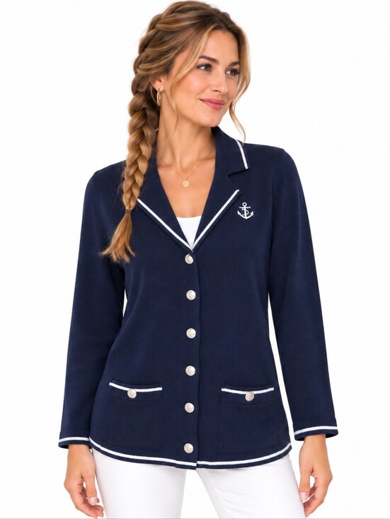 Source Unknown Sweaters - Navy Nautical Anchor Cardigan Sweater Blazer Style Preppy Coastal Sailor
